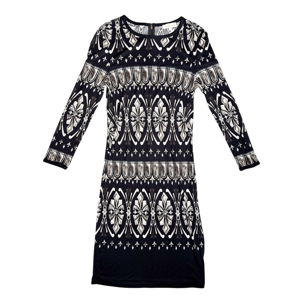 Tory Burch Silk Sheath Dress Womens Small Black White Print‎ Long Sleeve